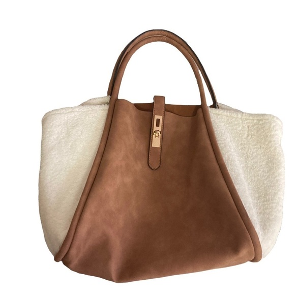 FFC New York Lacy Brown Tan Sheep Fur Sherpa Tote Bag Pre-Loved Gently Used - Picture 4 of 12